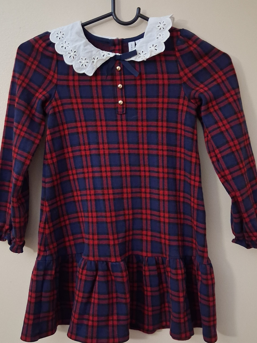 Janie and Jack Girls Red Navy Plaid Eyelet Collar Dress Sz 7 Holiday Drop Waist